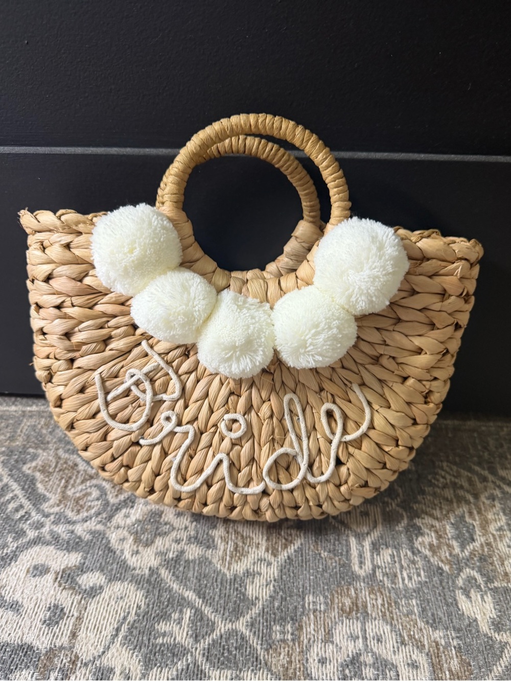 Beige Woven Pom-Pom Bride Tote Bag New without tags!